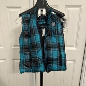 Aeropostale Womens Quilted Puffer Vest Jacket w/ Hood Zip Fur Pockets Plaid M